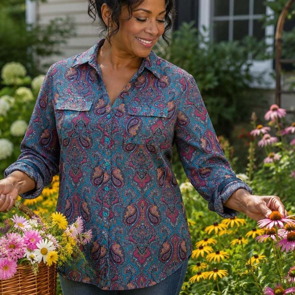 New York & Company Teal Paisley Button-Up Blouse